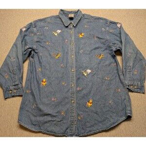 vtg Disney Winnie-the-Pooh friends denim button-up shirt XL all-over embroidery
